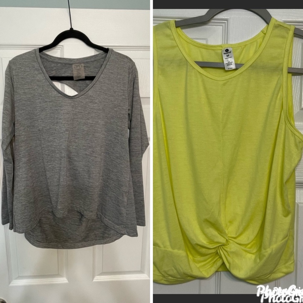 💜💜NWOT 2 top bundle Size M Yellow race length, Long Sleeved Grey longer.